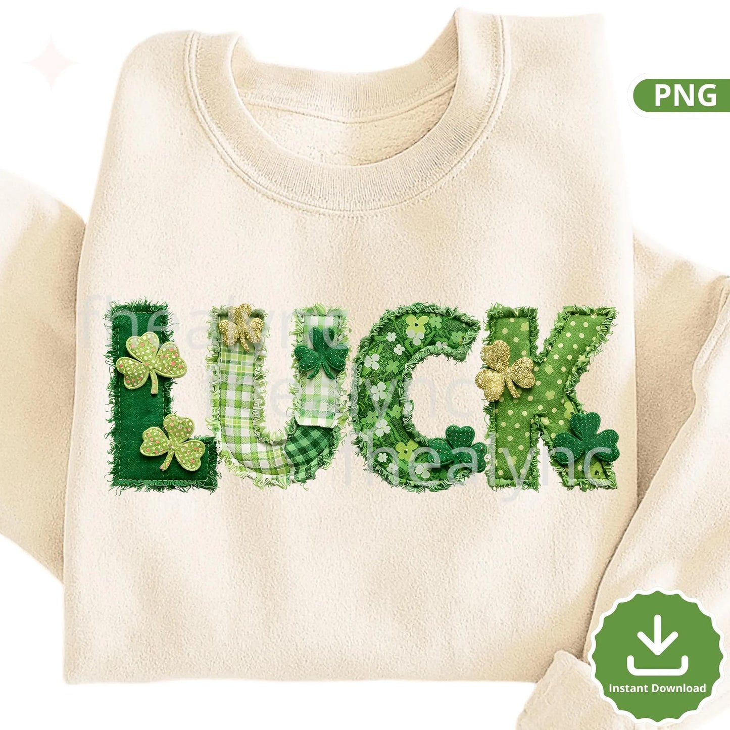 Luck Shamrock Patchwork PNG, St Patrick’s Day Appliqué Letters, Green Clover Fabric Style, Sublimation PNG for Shirts (Digital Download)