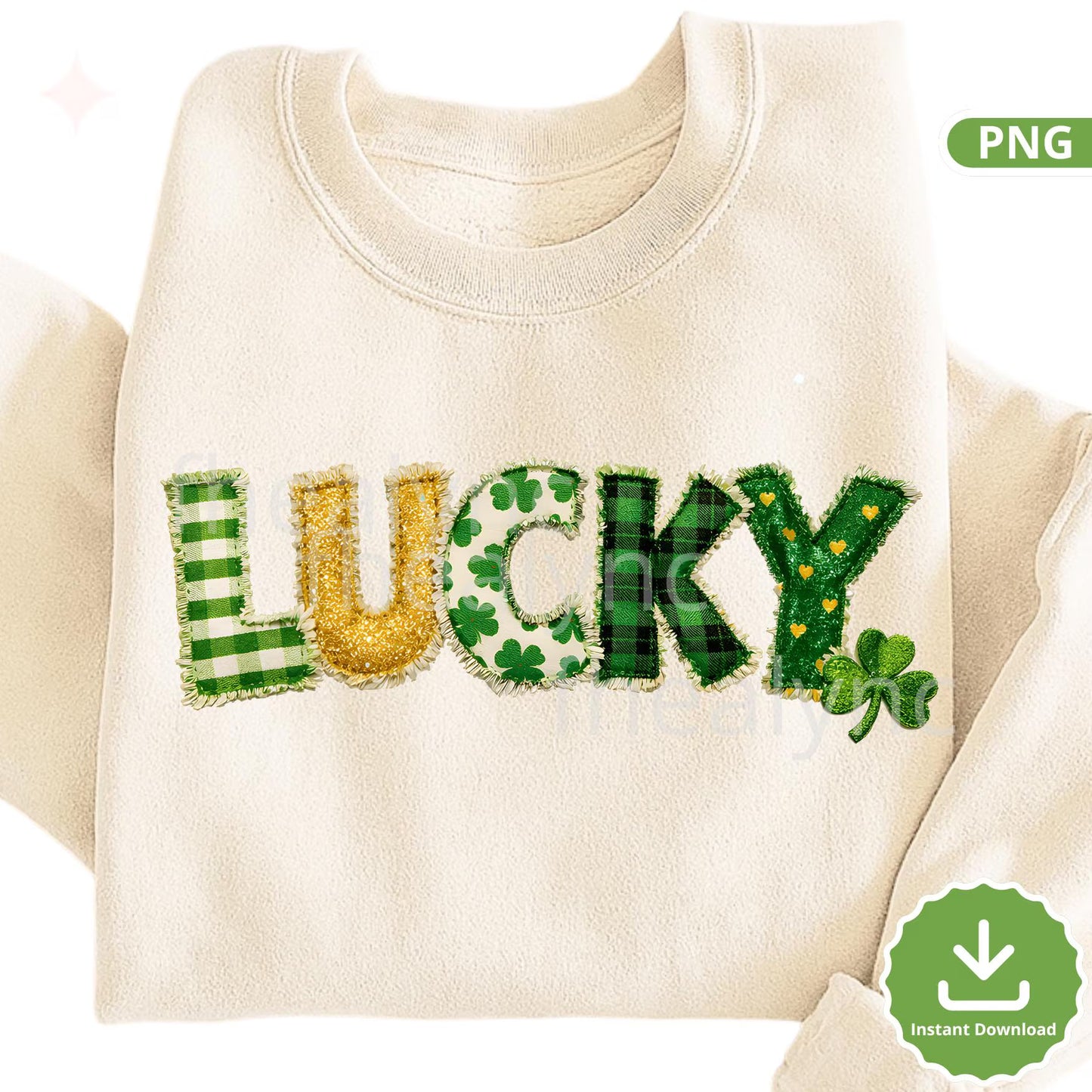 Lucky St Patrick’s Day PNG, Patchwork Shamrock Letters, Clover Fabric Text, St Patrick Shirt Design, Sublimation PNG (Digital Download)