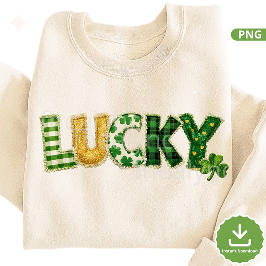 Lucky St Patrick’s Day PNG, Patchwork Shamrock Letters, Clover Fabric Text, St Patrick Shirt Design, Sublimation PNG (Digital Download)