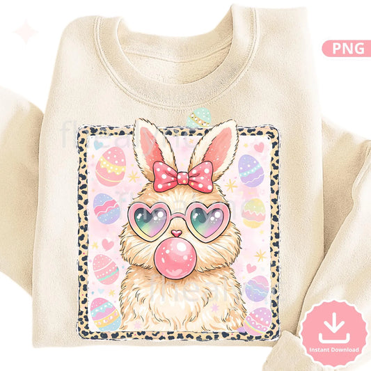 Easter Bunny PNG Sublimation Design, Cute Bunny with Heart Glasses Bubble Gum, Pastel Easter Egg Clipart (Digital Download)