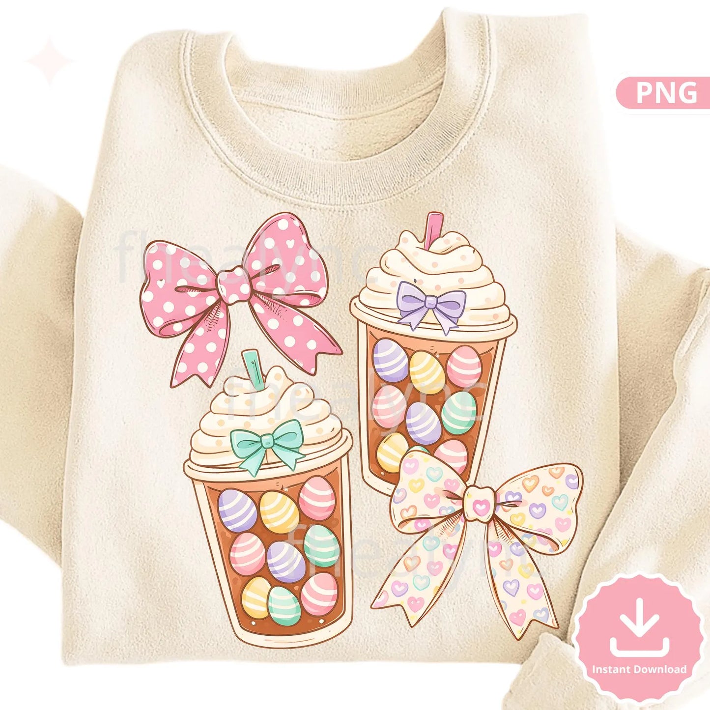 Easter Coffee PNG, Pastel Easter Eggs Iced Coffee Design, Cute Spring Bow Drink Sublimation File, Easter PNG (Digital Download)