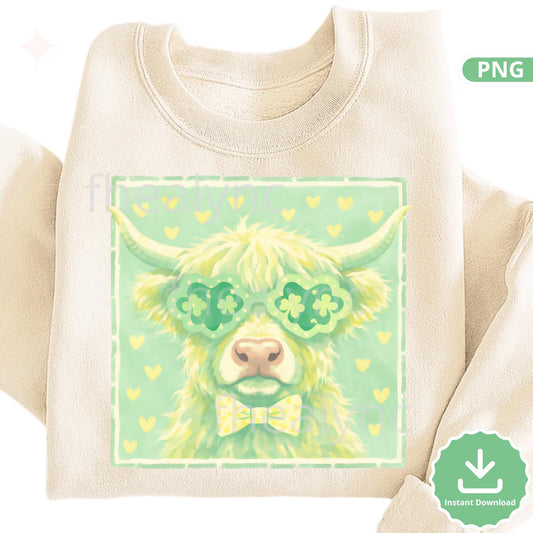Highland Cow St Patrick’s Day PNG, Lucky Cow Clipart, Shamrock Sunglasses Cow, Cute Irish Cow PNG (Digital Download)