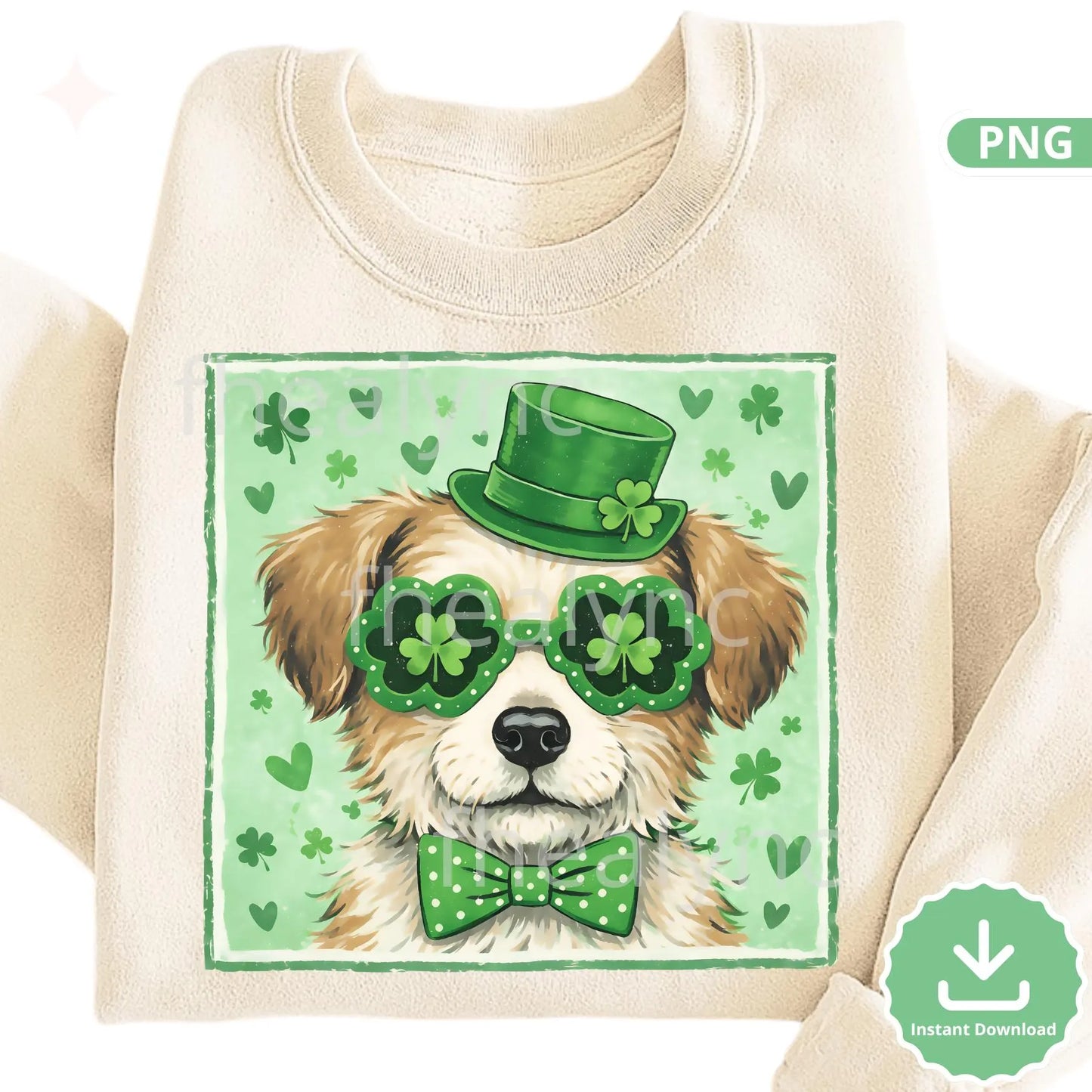 St Patrick’s Day Dog PNG, Cute Irish Puppy with Clover Glasses, Leprechaun Hat Dog Clipart (Digital Download)