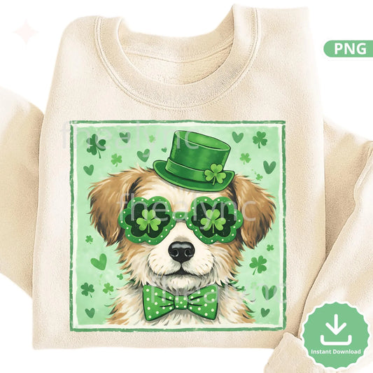 St Patrick’s Day Dog PNG, Cute Irish Puppy with Clover Glasses, Leprechaun Hat Dog Clipart (Digital Download)