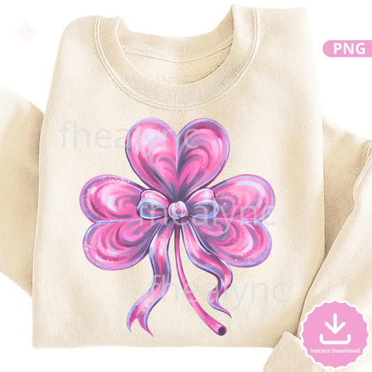 St Patrick’s Day Clover Bow PNG, Pink Shamrock with Ribbon Clipart, Cute Lucky Clover PNG, Sublimation (Digital Download)