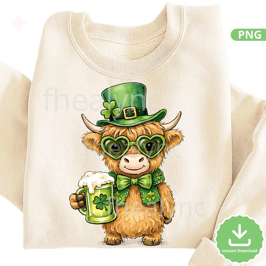 Highland Cow St Patrick’s Day PNG, Cute Irish Cow with Beer Mug, Lucky Cow PNG for Shirt, Sublimation (Digital Download)