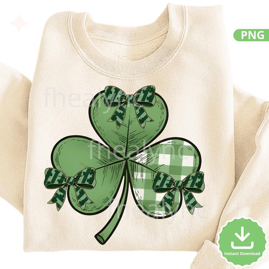 St Patrick’s Day Clover PNG with Bows, Shamrock Clipart, Green Plaid Clover PNG, St Patricks Day (Digital Download)