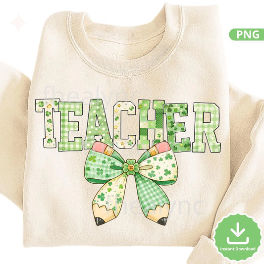 Teacher St Patrick’s Day PNG, Lucky Teacher Patchwork Bow Design, Shamrock Teacher Sublimation (Digital Download)