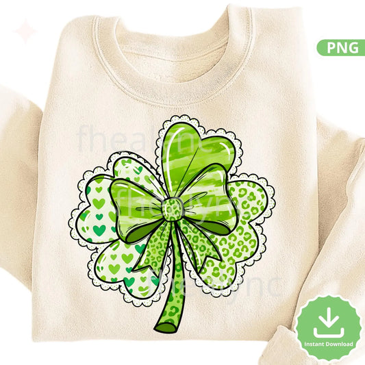 St Patrick’s Day Shamrock Bow PNG, Green Clover with Bow Design, Lucky Irish Patchwork Style PNG (Digital Download)