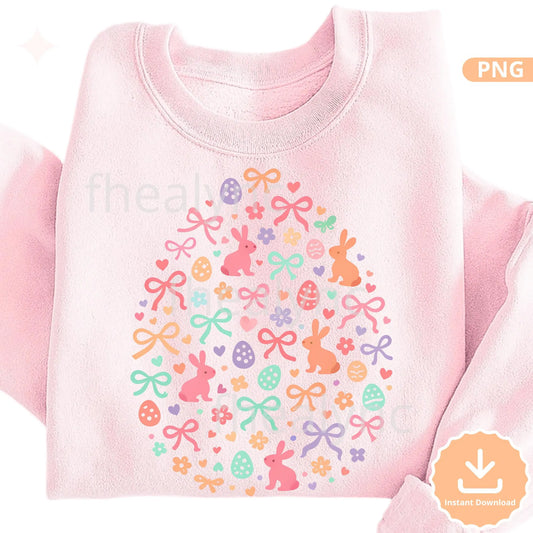 Pastel Easter Bunny Egg PNG, Cute Spring Sublimation Design, Bunny Bow Egg Clipart, Printable Easter Shirt Design (Digital Download)