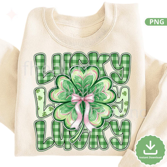 Lucky Lucky Lucky PNG, St Patrick’s Day Shamrock with Pink Bow, Green Gingham Clover PNG, Girly St Patrick Design (Digital Download)