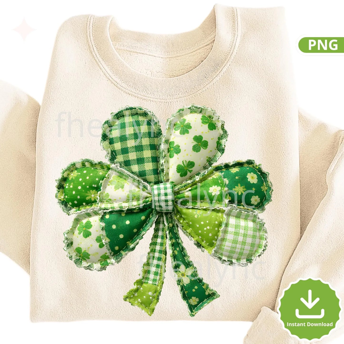 St Patrick’s Day Patchwork Clover Bow PNG, Green Shamrock Clipart, Lucky Irish Bow Design (Digital Download)