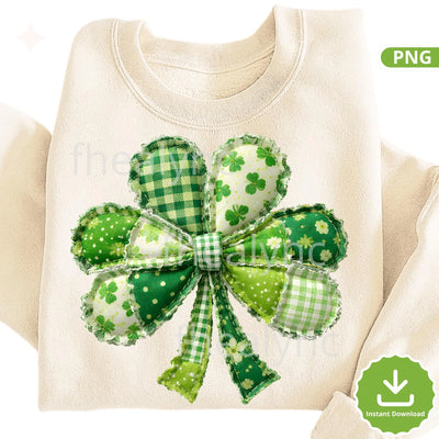 St Patrick’s Day Patchwork Clover Bow PNG, Green Shamrock Clipart, Lucky Irish Bow Design (Digital Download)
