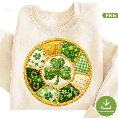 St Patrick’s Day Patchwork Coin PNG, Lucky Clover Applique Design, Green Gold Quilted Shamrock Sublimation PNG (Digital Download)