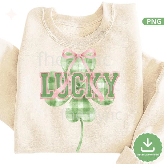Lucky Clover PNG with Pink Bow, St Patrick’s Day Shamrock PNG, Cute Lucky Design, Sublimation (Digital Download)