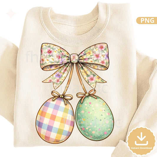 Easter Bow PNG with Floral Ribbon & Pastel Eggs, Vintage Spring Easter Egg Clipart, Sublimation Design (Digital Download)