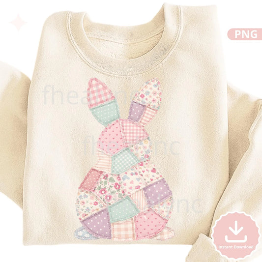 Pastel Patchwork Easter Bunny PNG, Quilted Applique Bunny Design, Spring Sublimation PNG, Cottagecore Easter Shirt Design (Digital Download)