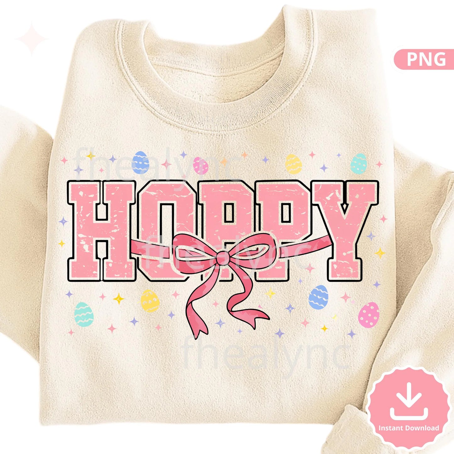 Hoppy Easter PNG, Pink Varsity Easter Bunny Design with Bow, Pastel Egg Spring Sublimation File, Cute Easter (Digital Download)