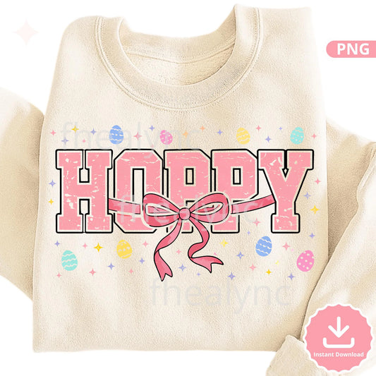 Hoppy Easter PNG, Pink Varsity Easter Bunny Design with Bow, Pastel Egg Spring Sublimation File, Cute Easter (Digital Download)